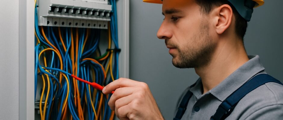 Licensed Electrician Installing Energy-Efficient Lighting at UK Facility