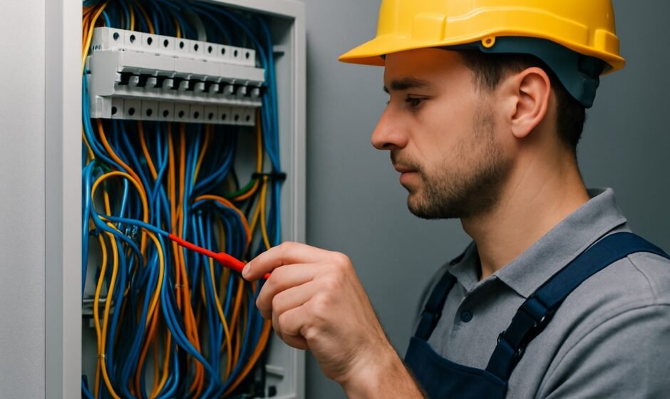 Licensed Electrician Installing Energy-Efficient Lighting at UK Facility