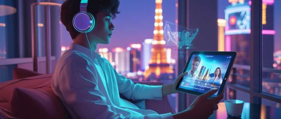Digital traveler enjoying streaming content with scenic backdrop