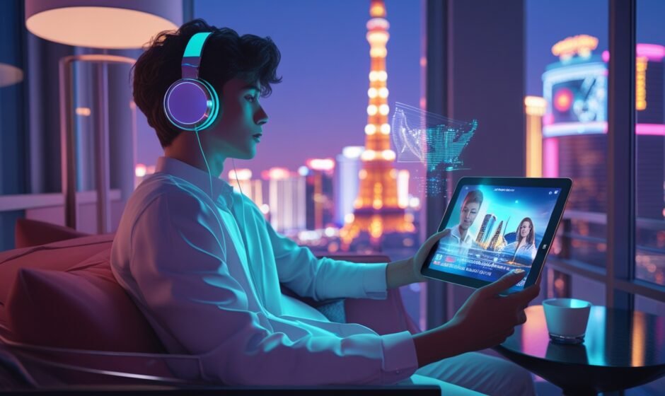 Digital traveler enjoying streaming content with scenic backdrop