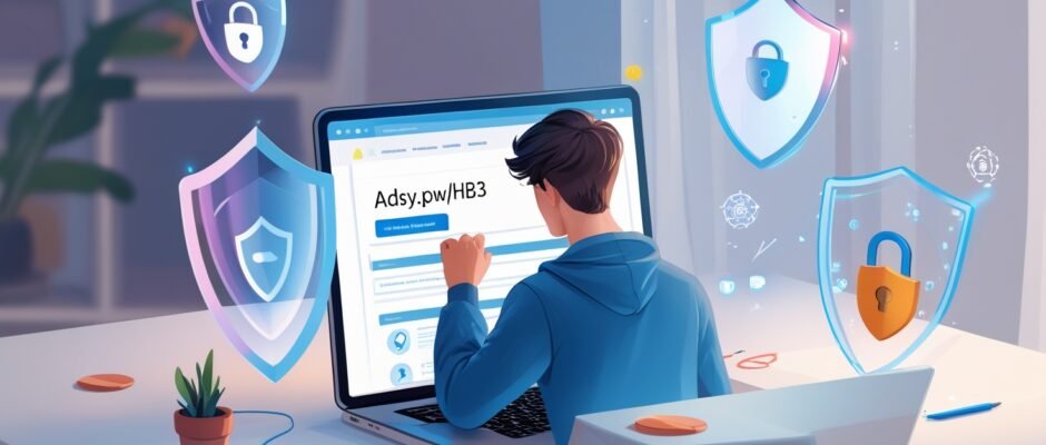 Illustration showing the concept of adsy.pw/hb3 safe URL shortener with analytics dashboard