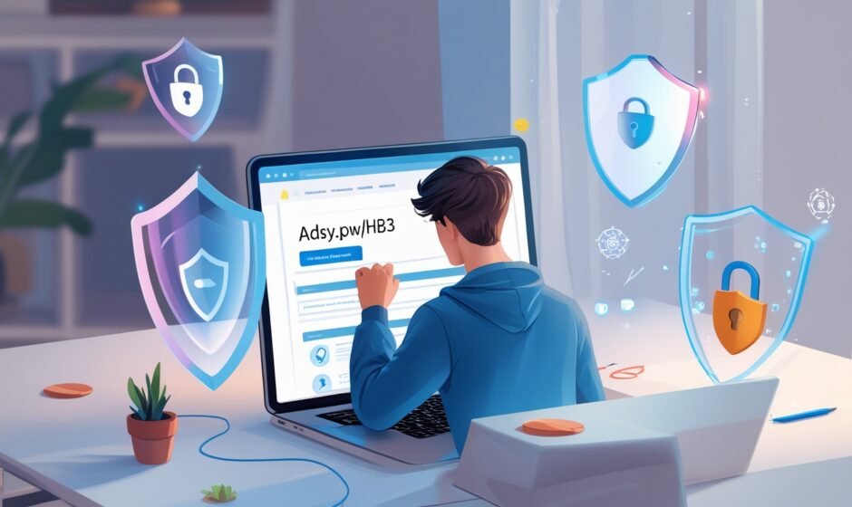 Illustration showing the concept of adsy.pw/hb3 safe URL shortener with analytics dashboard