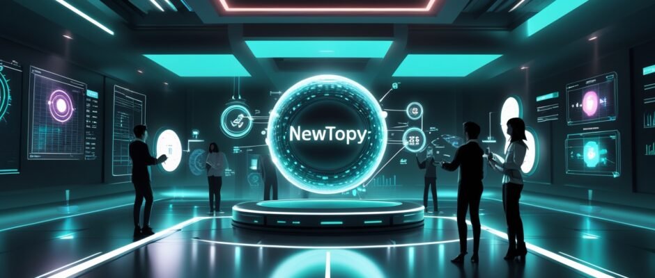 Newtopy futuristic branding concept with digital innovation elements.