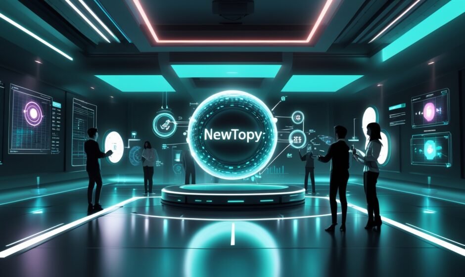 Newtopy futuristic branding concept with digital innovation elements.