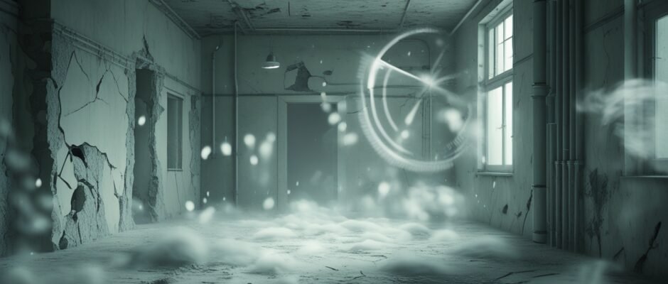Microscopic airborne asbestlint fibers floating in industrial workplace.
