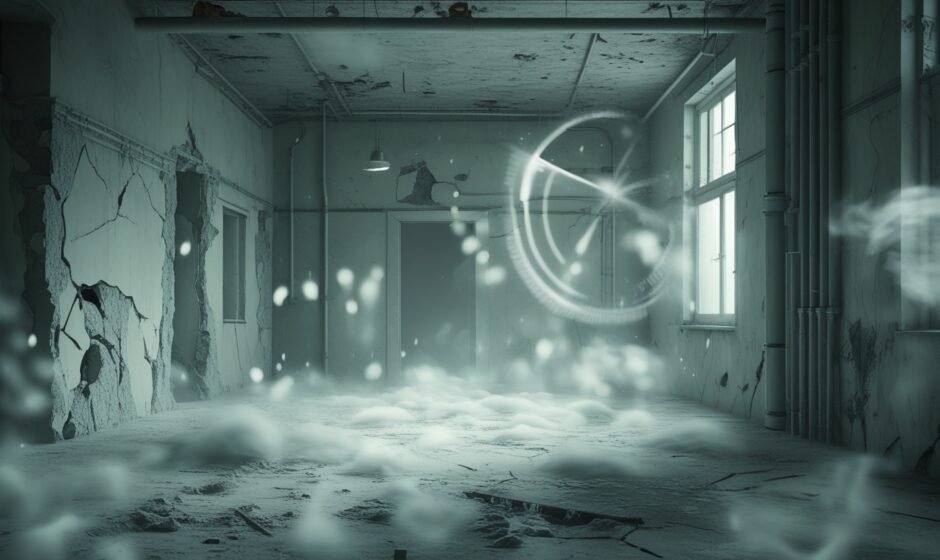 Microscopic airborne asbestlint fibers floating in industrial workplace.