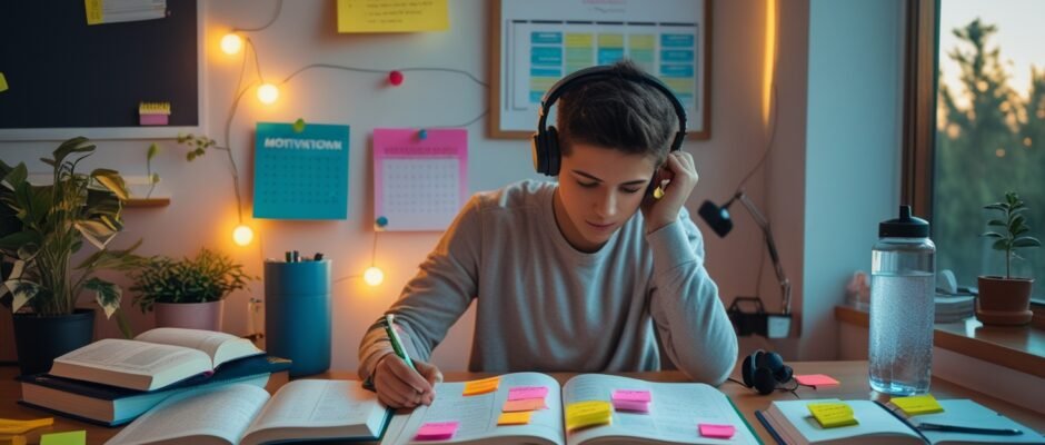 Student staying motivated while studying with focus and discipline at a clean study desk,