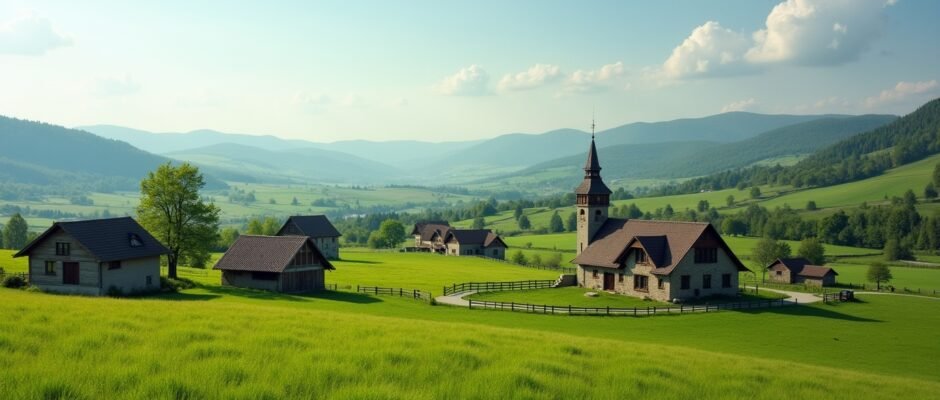 Rakitovitsa village countryside showing traditional rural houses and peaceful landscape
