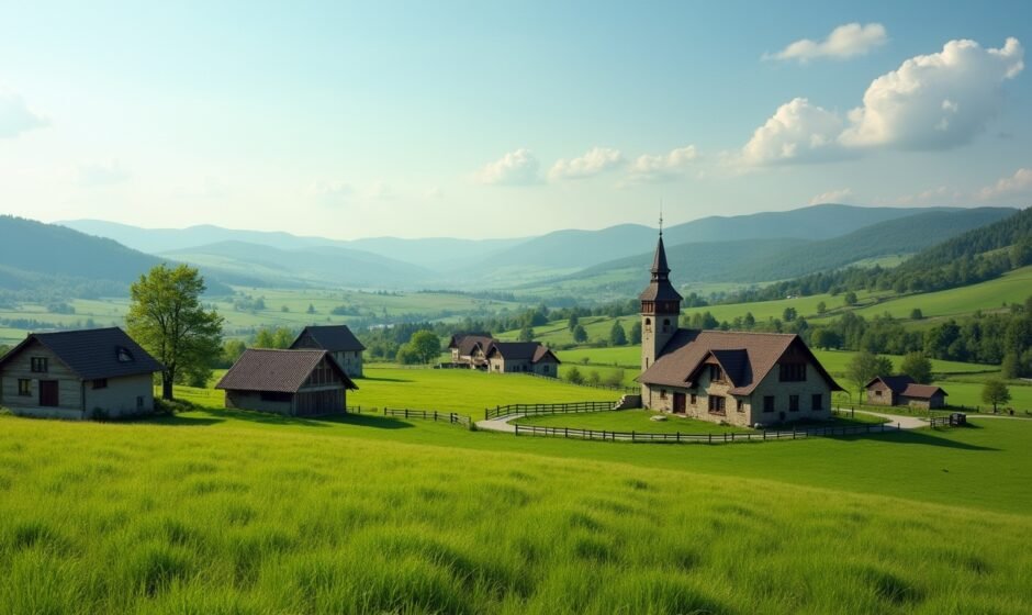 Rakitovitsa village countryside showing traditional rural houses and peaceful landscape