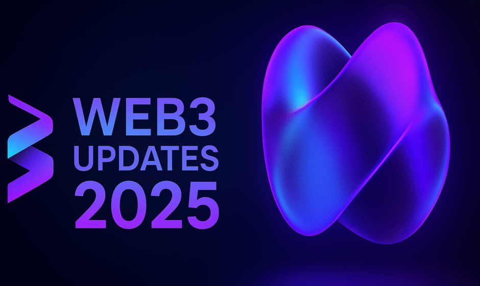 Modern Web3 technology illustration showing AI integration, blockchain networks, decentralized identity, and digital assets in 2025.